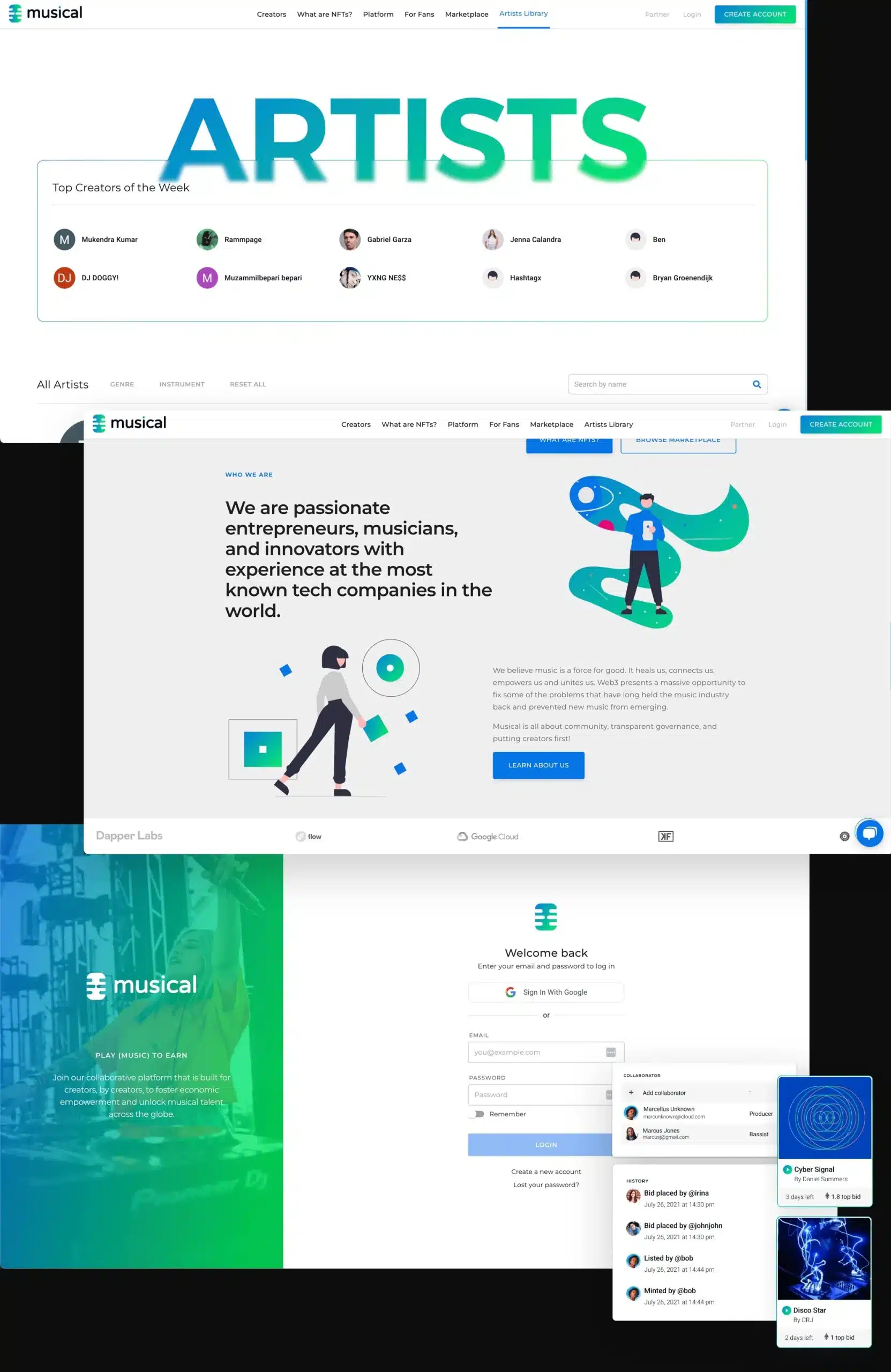 Website screenshot displaying Artists section and user login page for Musical platform.