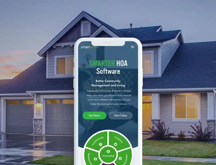 SmartWebs HOA software displayed on a smartphone with a house background.