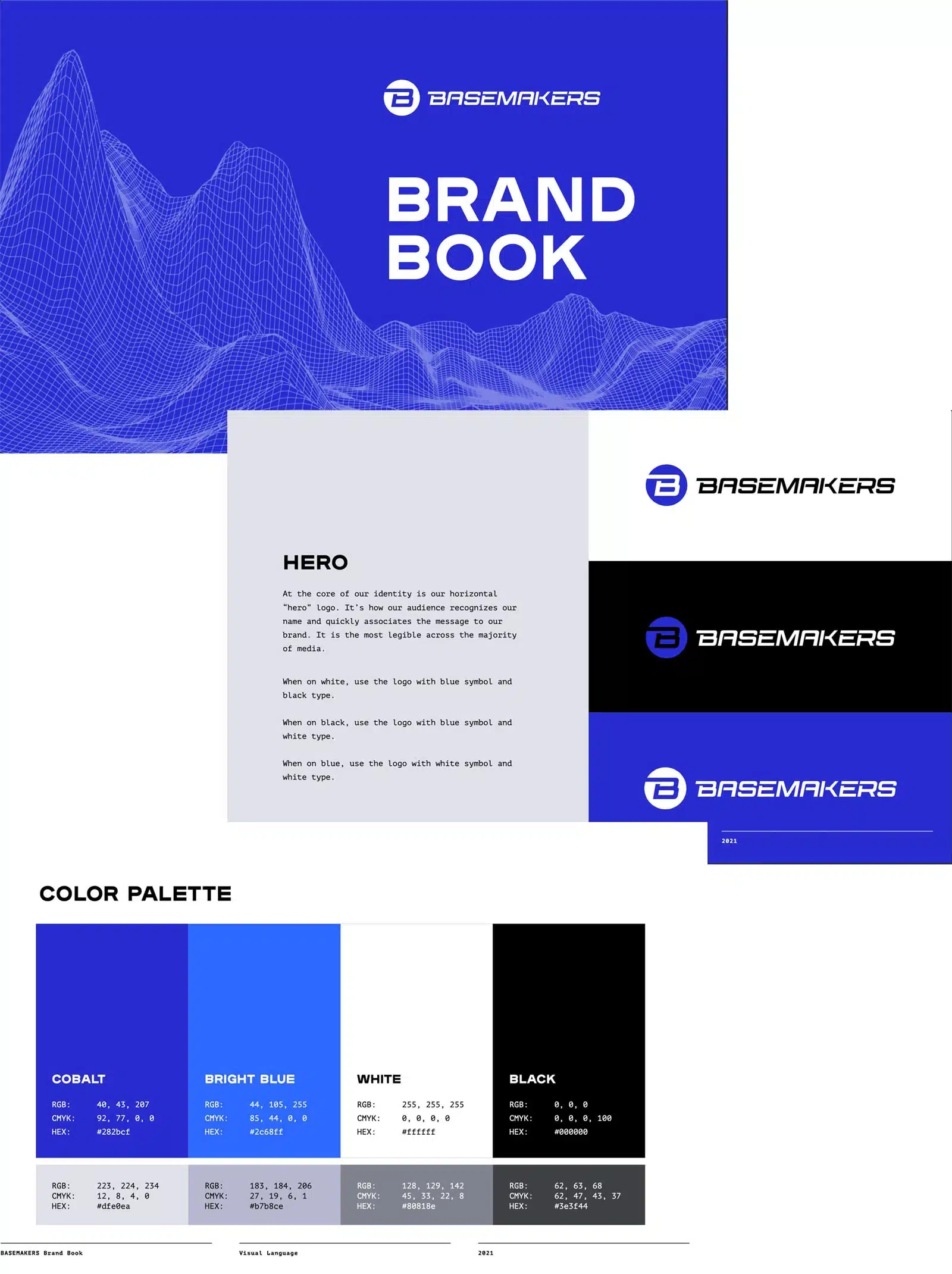 Basemakers brand book with logo, color palette, and design guidelines in blue, black, and white sections.