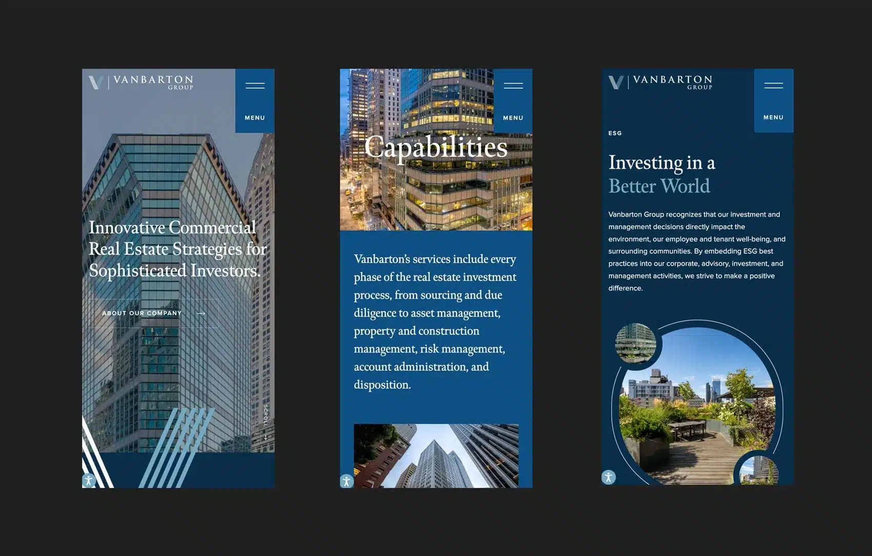 Vanbarton Group website screenshots showing real estate strategies and investment opportunities text.