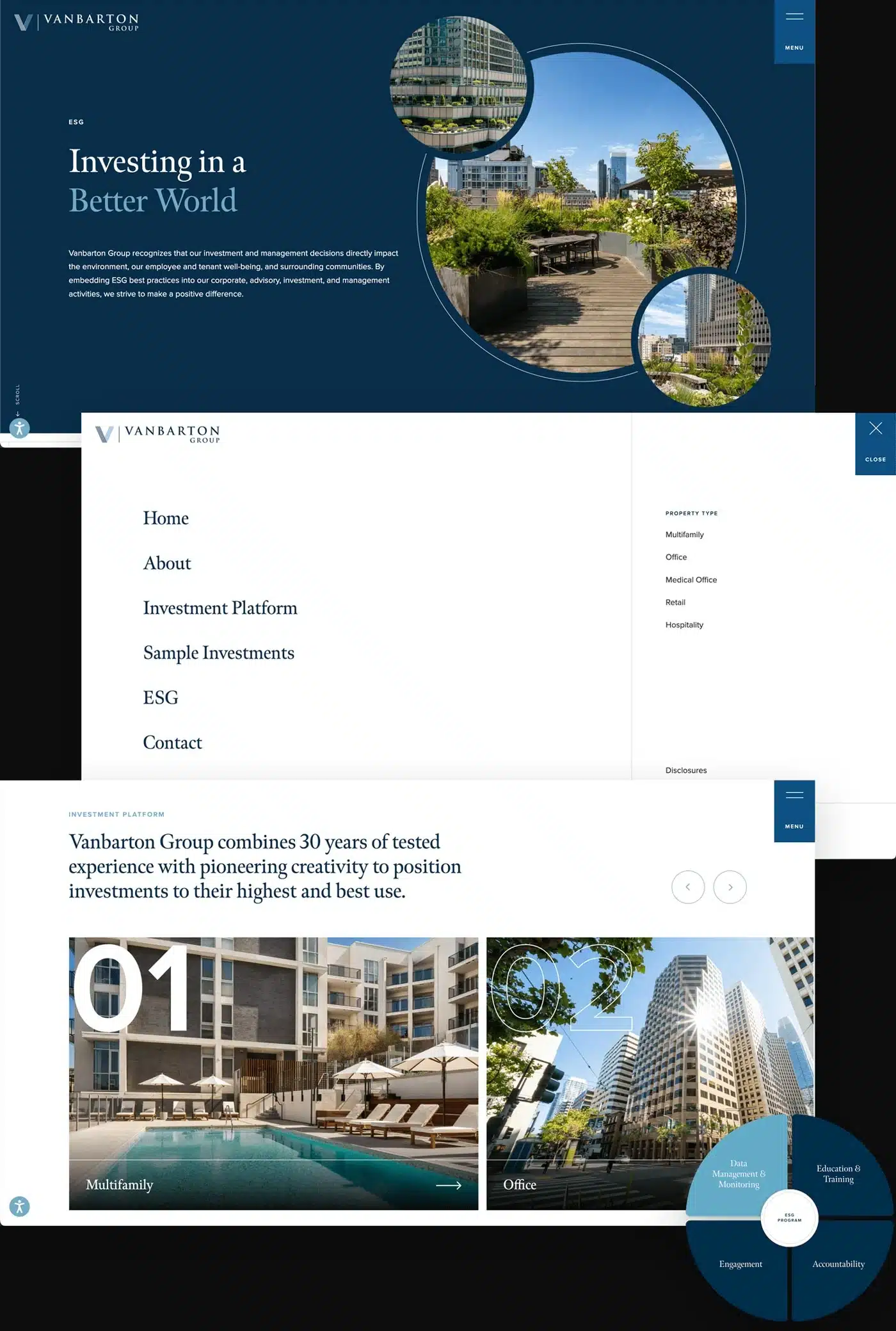 Vanbarton Group website screenshot with investment text, property images, and circular ESG diagram.