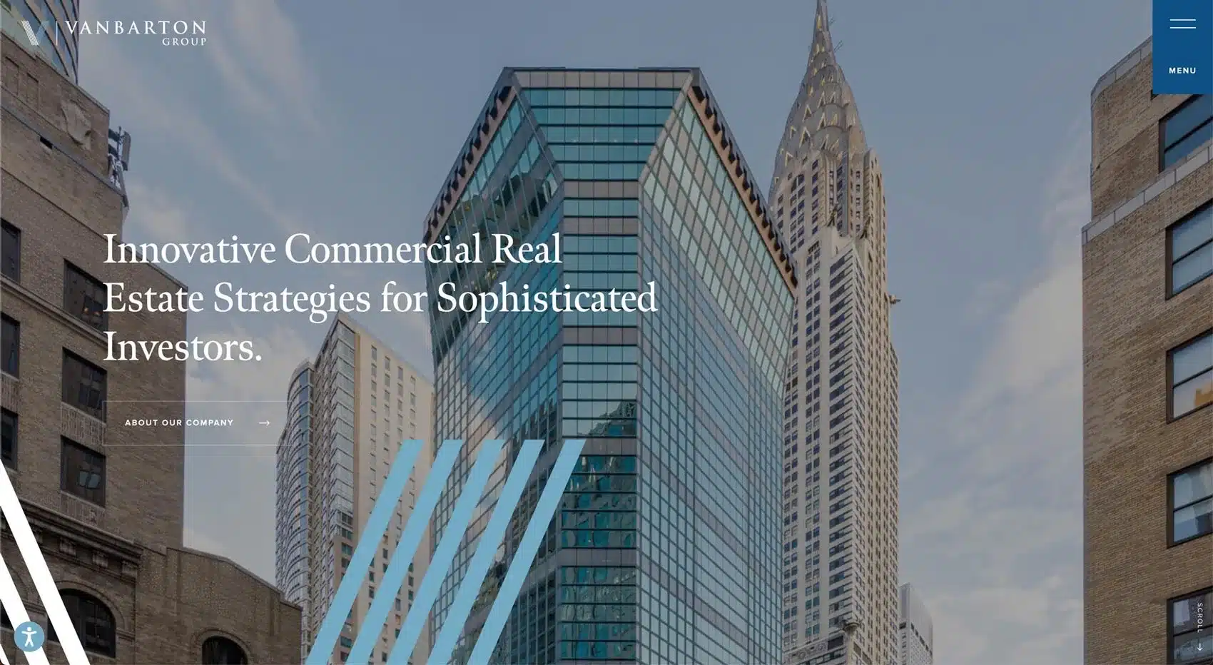 Skyscrapers with text 'Innovative Commercial Real Estate Strategies for Sophisticated Investors'.