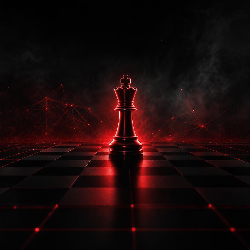 A dark chessboard in low light with a single red-glowing king piece and long shadows, strategic and calm.