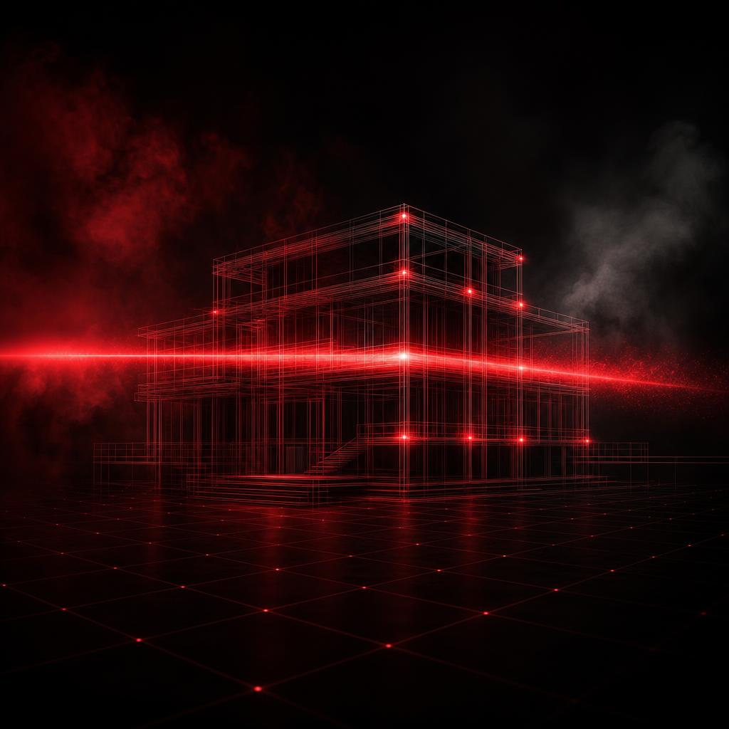A horizontal red scanning beam sweeping through a wireframe building, highlighting individual structural nodes as it passes.