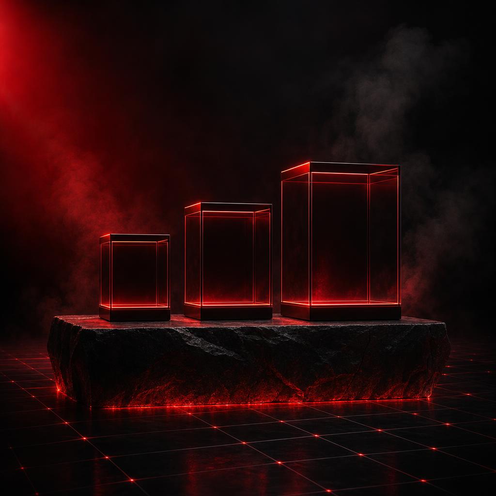 Three illuminated dark glass boxes of increasing size on a black stone plinth, each rimmed with red light.