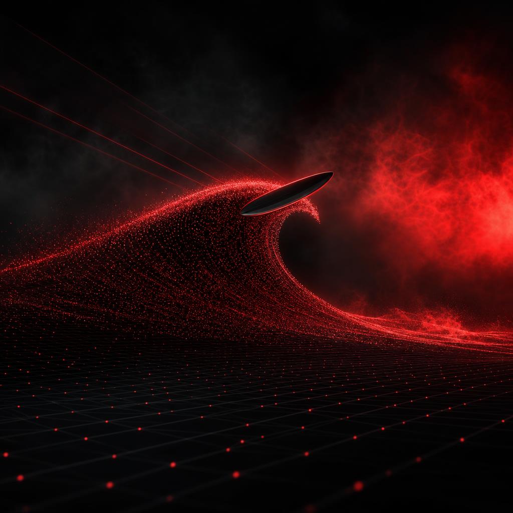 A long swell of data rendered as a wave of tiny red particles, a single sleek board-like shape riding the crest of the wave.