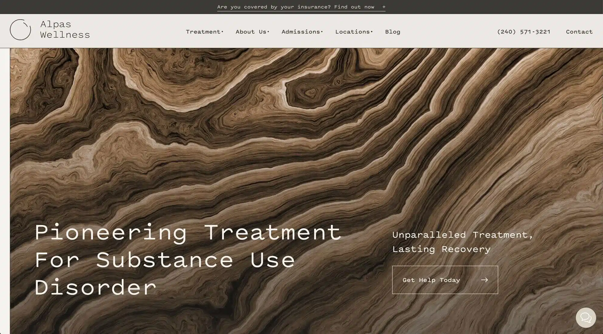 Abstract brown textured background with 'Pioneering Treatment For Substance Use Disorder' text overlay.