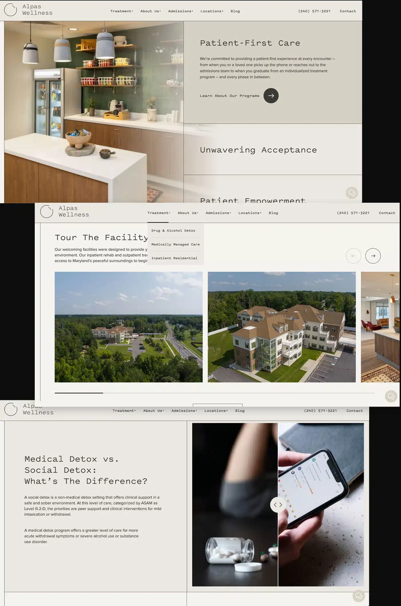 Website layout with images of a wellness facility, Alpas Wellness logo, and contact information.