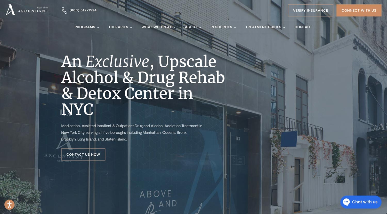 Exterior of Ascendant New York, upscale alcohol and drug rehab center with contact options visible.