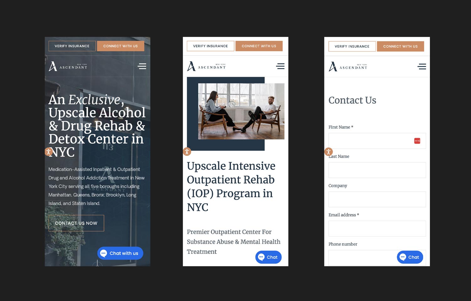 Three mobile web pages from Ascendant featuring rehab center NYC, outpatient program, and contact form.