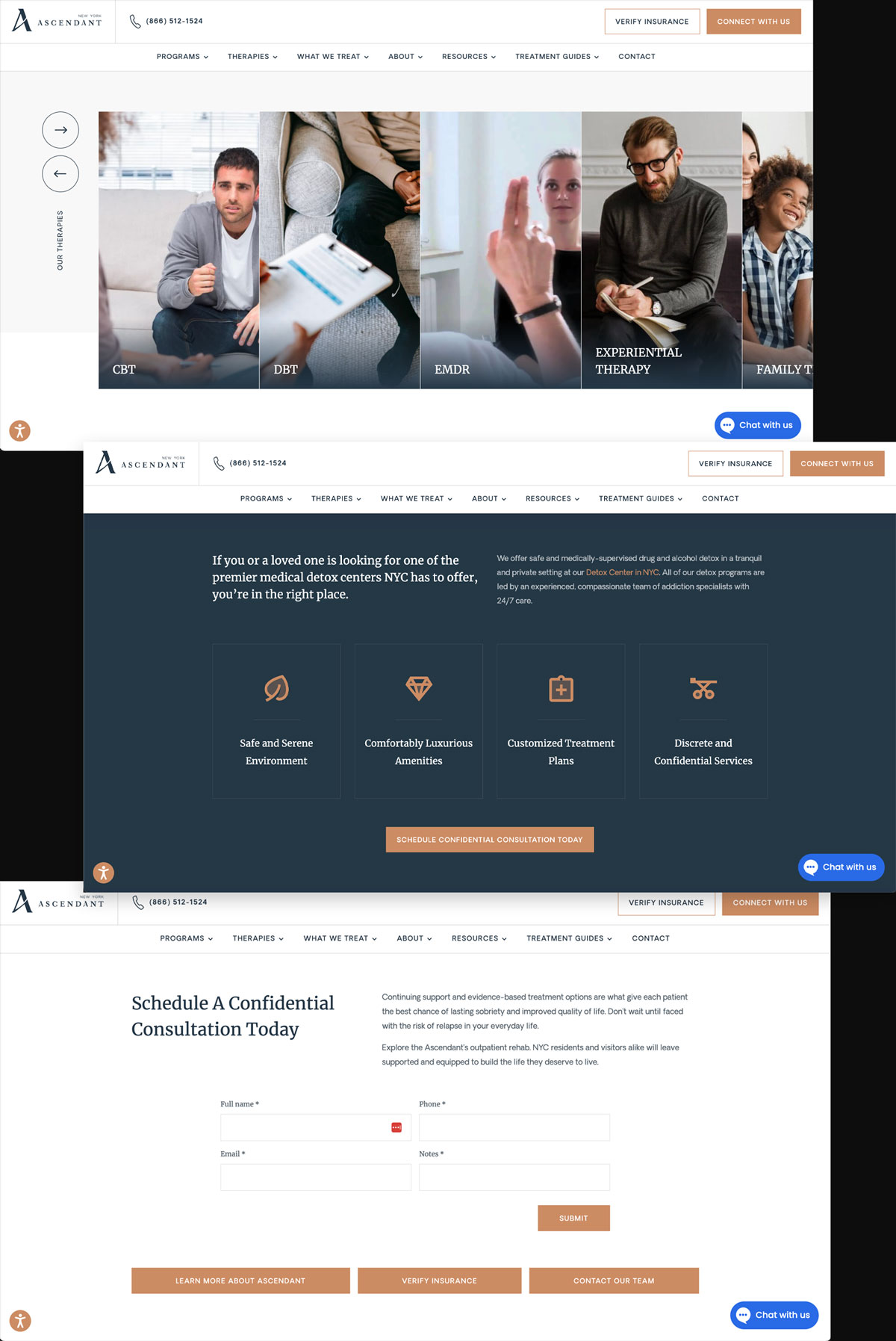 Website homepage of Ascendant with therapy options and contact details.