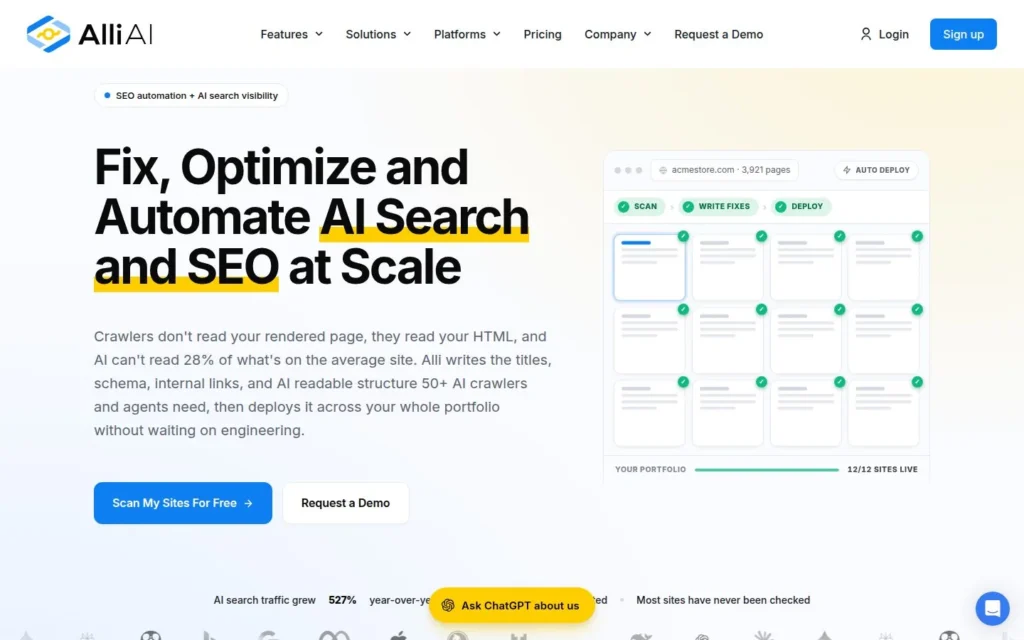 Alli AI homepage with the headline “Fix, optimize and automate AI search and SEO at scale” beside a dashboard preview.