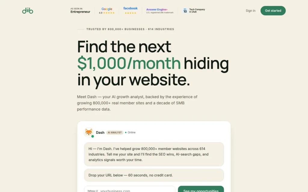 Diib homepage with a headline about revenue hiding in your website, beside a chat with its AI analyst, Dash.