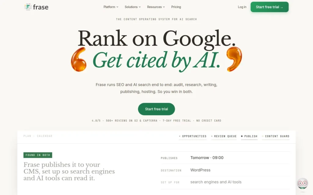 Frase homepage with the headline “Rank on Google. Get cited by AI.” above a content publishing panel.