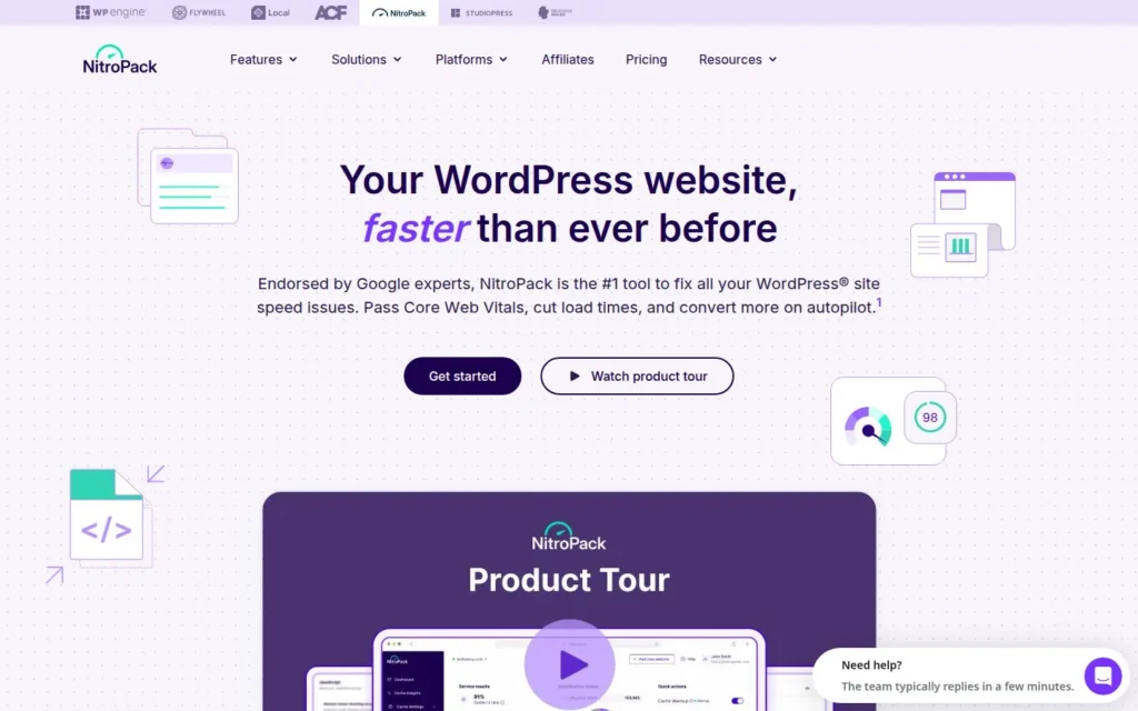 NitroPack homepage with the headline “Your WordPress website, faster than ever before” and a product tour video.