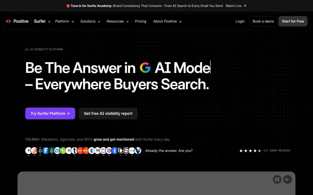 Surfer homepage with the headline “Be the answer in AI Mode – everywhere buyers search” on a black background.