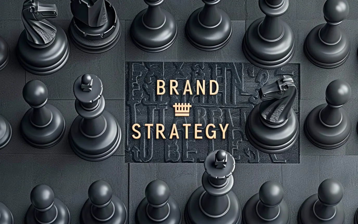 3d elegant black chess pieces with the words brand strategy in the center - digitech