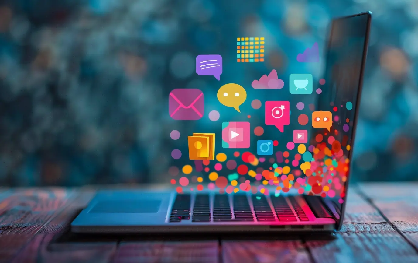 Content Marketing - digital icons floating out of a laptop screen - Digitech