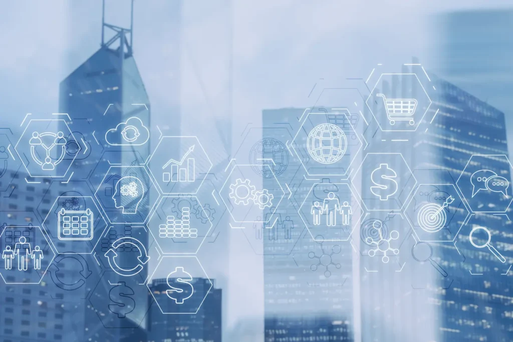 Icons for an enterprise business with a cityscape background - Digitech