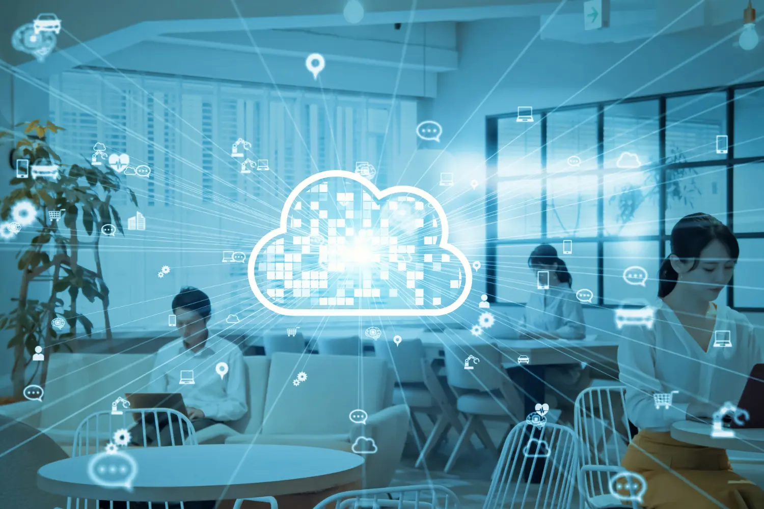 SAAS cloud symbol with people in the background - digitech