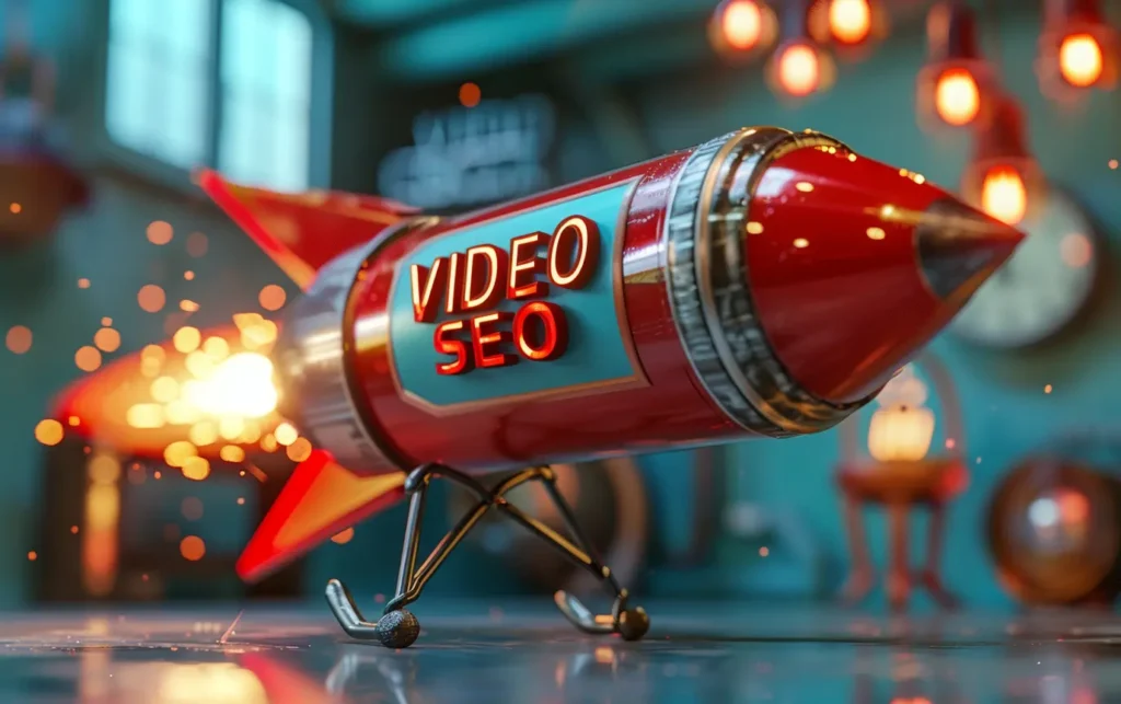 a 3D red rocket lit up by neon lights and with skis that says VIDEO SEO - Digitech