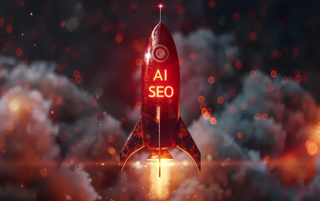 a 3D red rocket lit up by neon lights that says AI SEO - Digitech