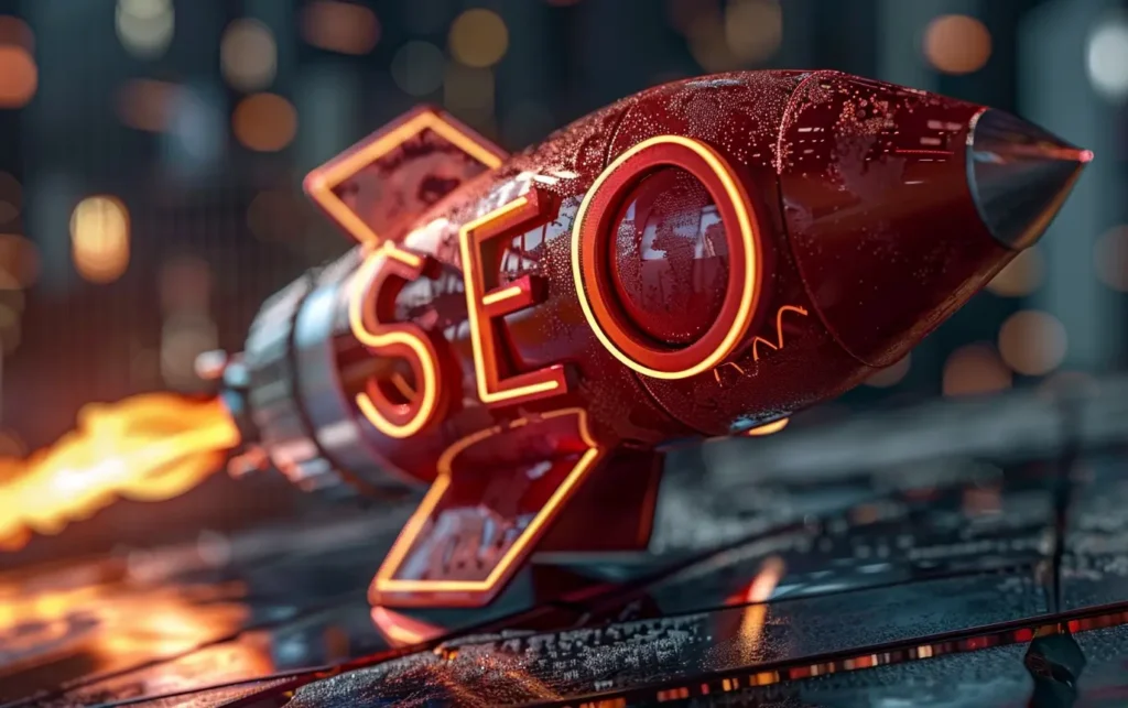 a 3D red rocket lit up by neon lights that says SEO - Digitech