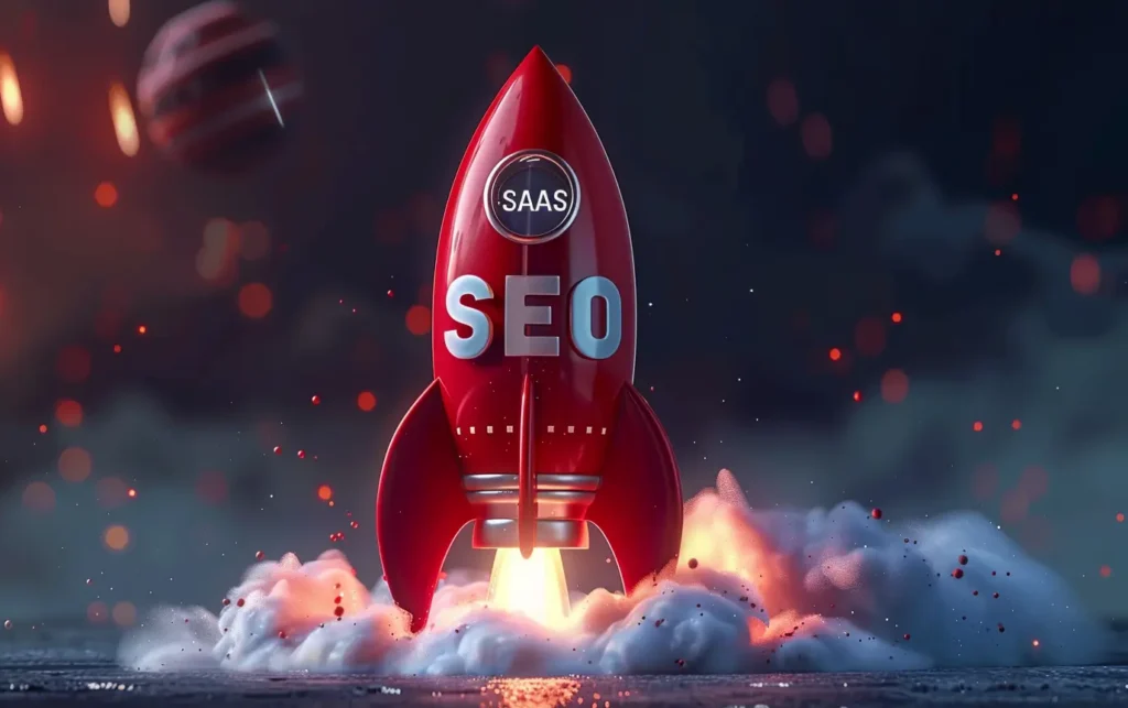 a 3D red rocket that says SAAS SEO - Digitech