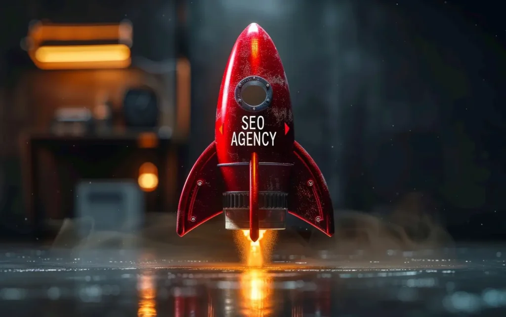 a 3D red rocket that says SEO AGENCY - Digitech