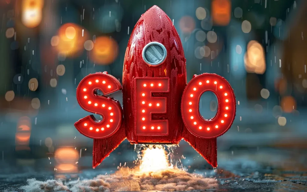 a 3D red rocket that says SEO in marquee lights - Digitech Austin