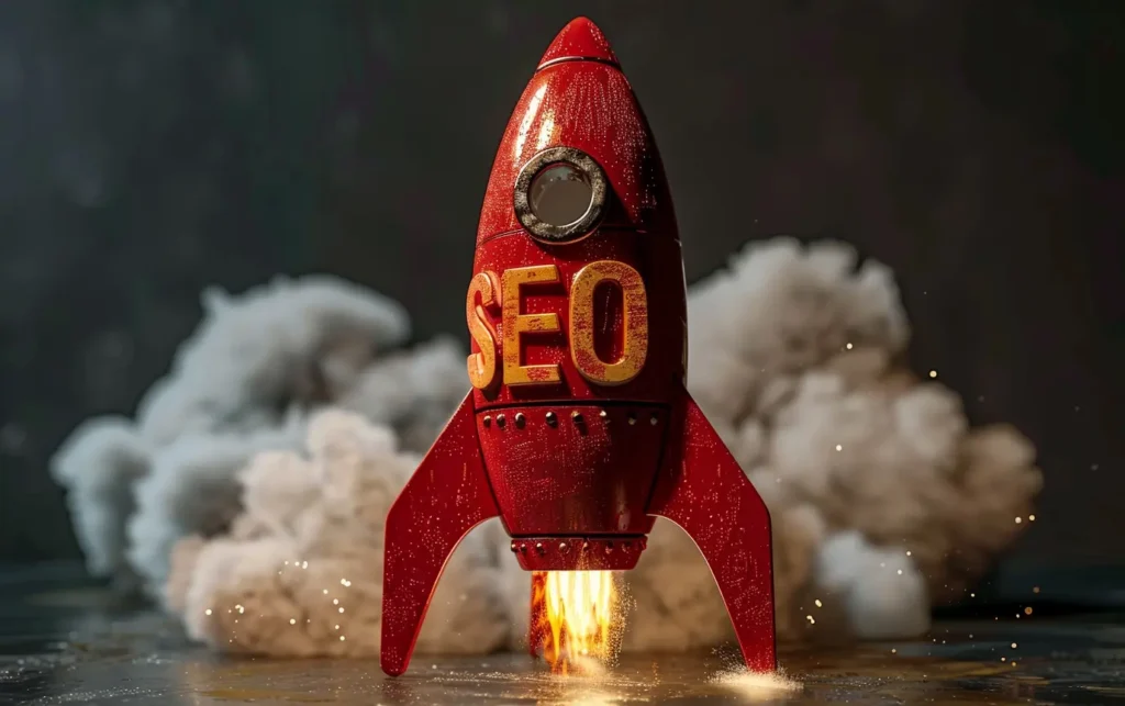 a 3D toy red rocket that says SEO - Digitech