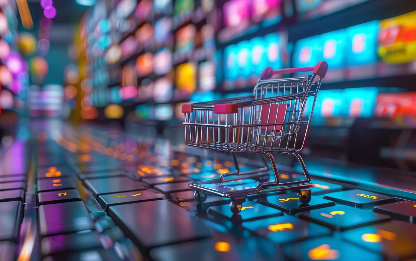 a 3d Shopping cart on a pathway made of laptop keyboard keys - Digitech