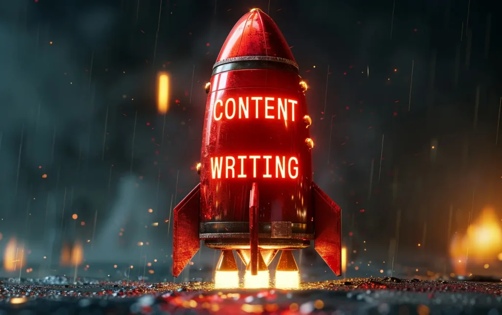 a 3d red rock that says content writing on it - digitech