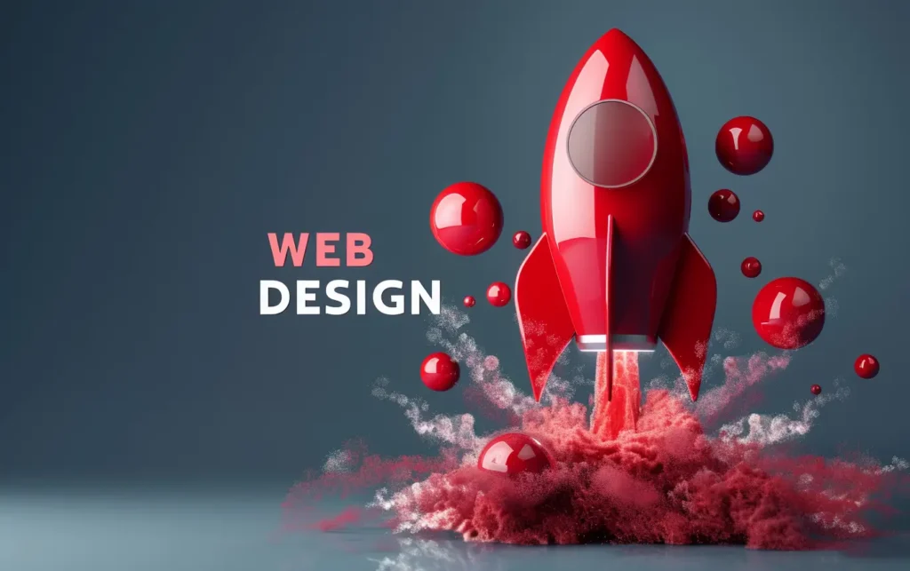 a 3d red rocket blasting off with the words WEB DESIGN on the Background - Digitech