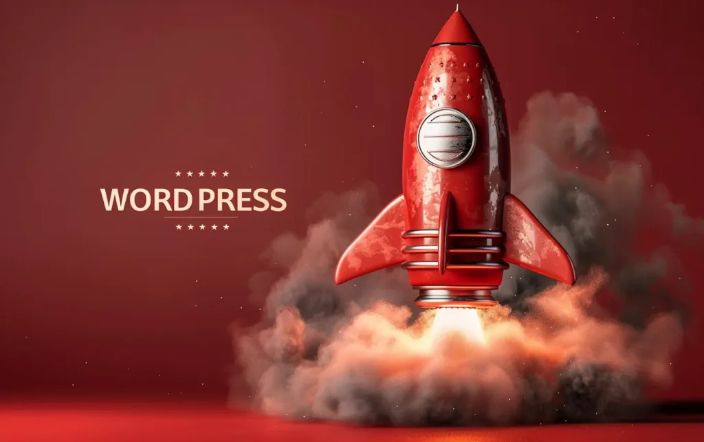 a 3d red rocket blasting off with the words WORDPRESS on the Background - Digitech