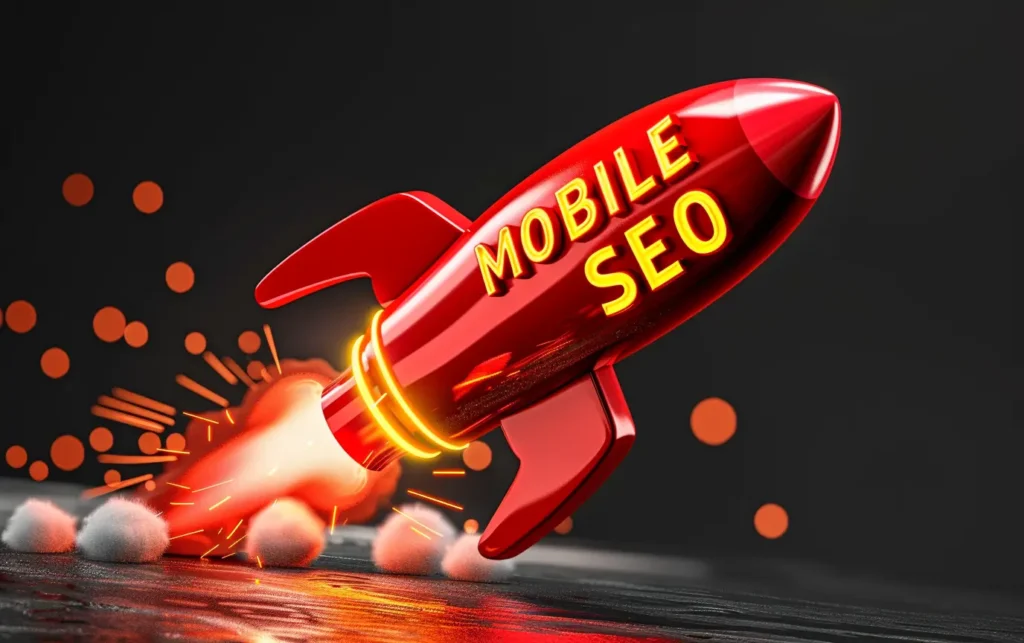 a 3d red rocket that says MOBILE SEO - Digitech