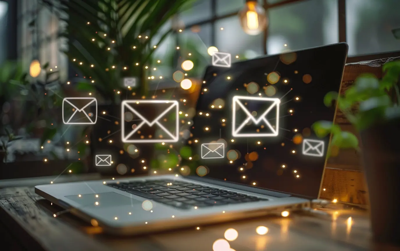 a laptop with floating glowing email icons - Digitech Austin