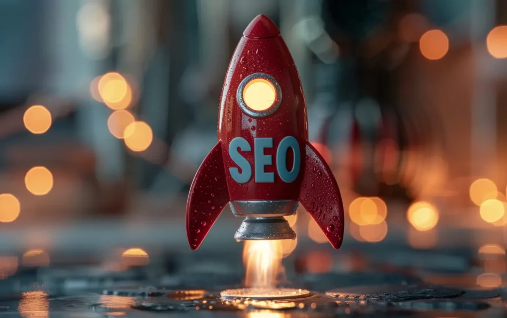 a 3D red rocket ship that says "SEO" on it - Digitech