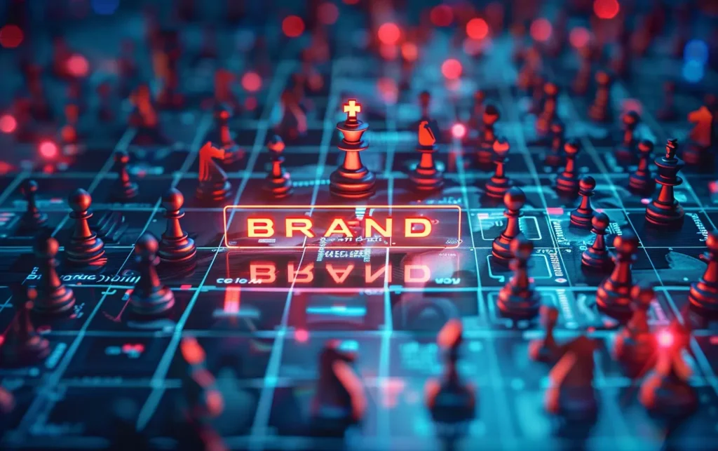 a top down view of 3d digital chess pawns moving towards the word BRAND - Digitech