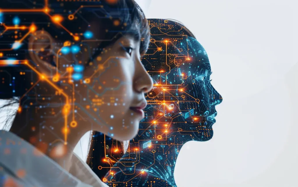a woman and an AI avatar of a woman side by side - Digitech