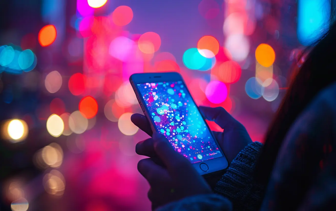 a woman holding a smart phone with a sparkling background - Digitech