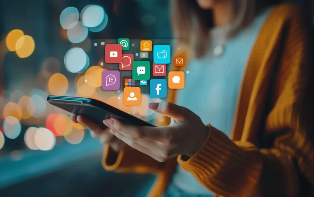 a woman holding her smart device with several app icons floating above it - Digitech