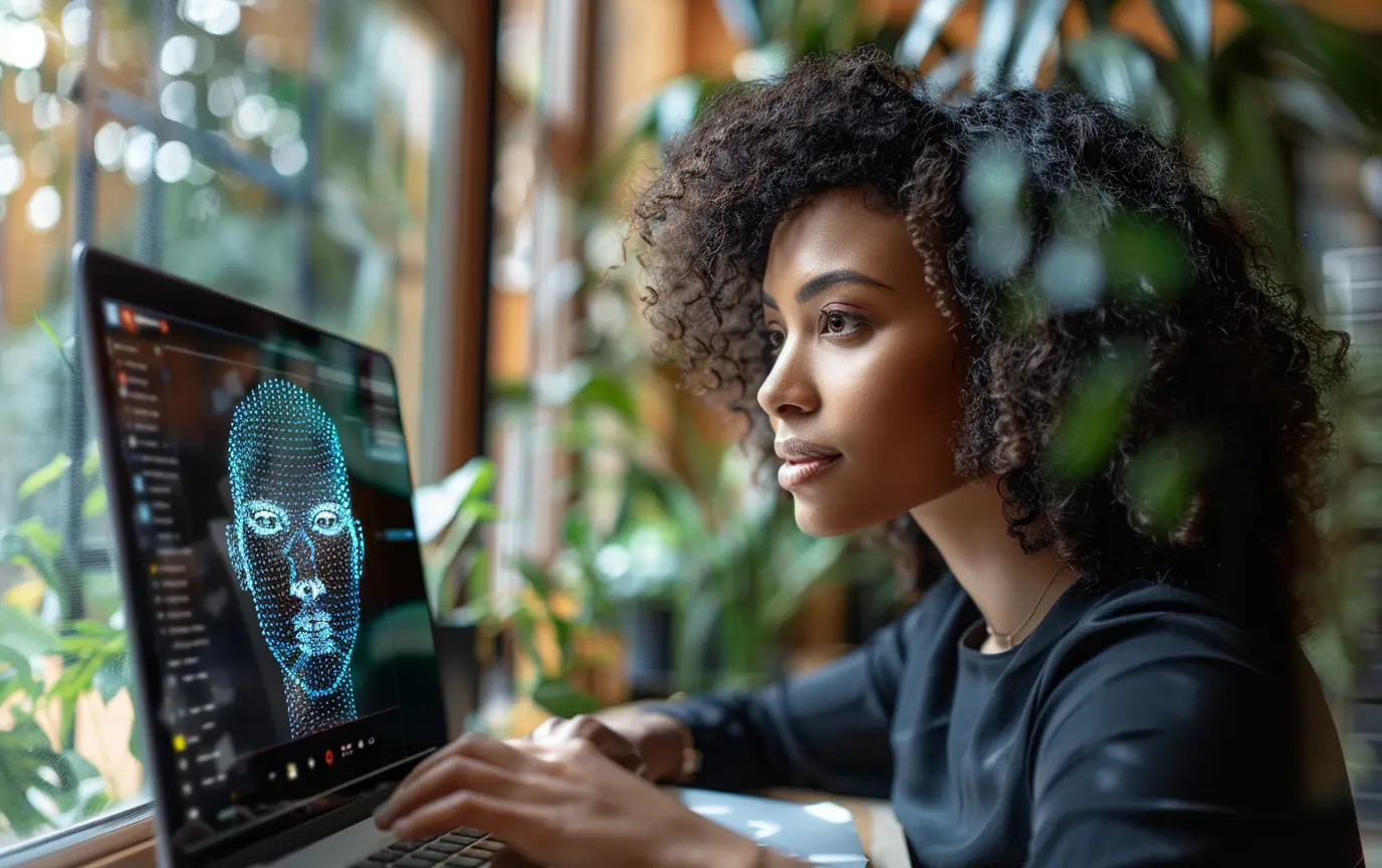 a woman interacting with an AI avatar on her laptop - Digitech Austin