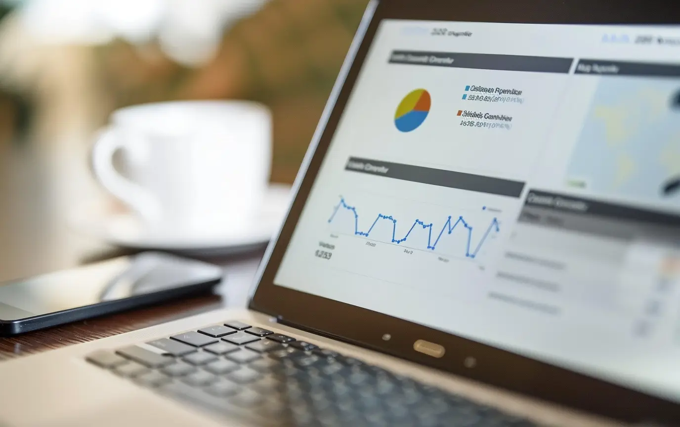 close up of a laptop on a table with a digital marketing pie chart and line graph on it - Digitech