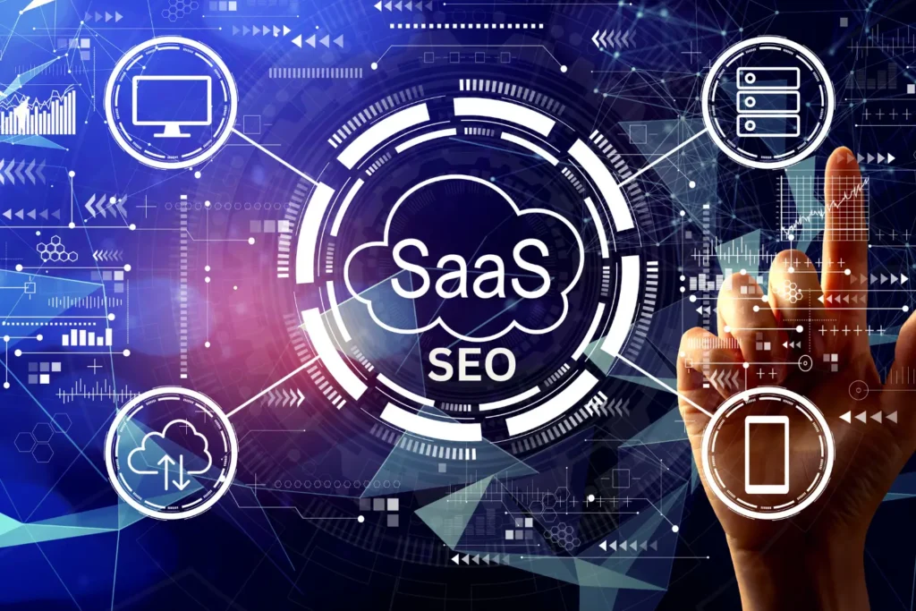 digital graphics showing various icons surrounding the words SAAS SEO - Digitech