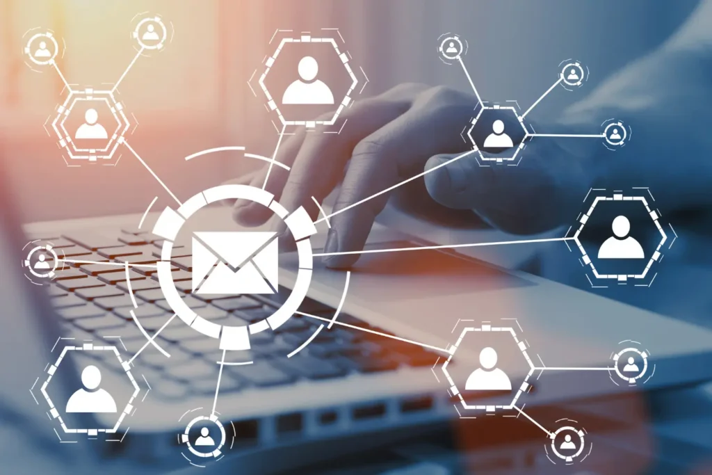 floating icons showing email marketing connections - digitech
