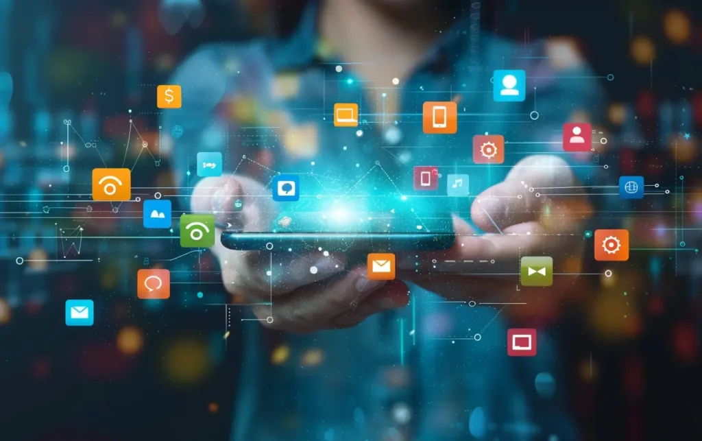 hands holding up a smart phone with app icons floating - Digitech