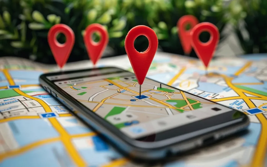 locational pins on a map and smart phone for local SEO - Digitech
