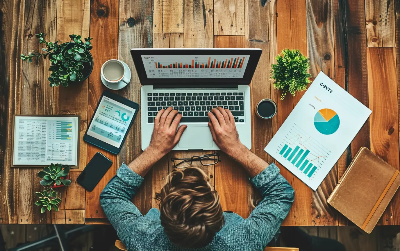 top down view of a man working on digital marketing from his laptop - Digitech Austin