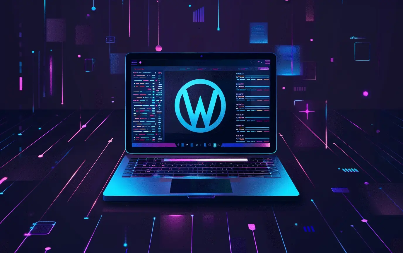 vector illustration of a wordpress page design on a pc monitor purple tech color - digitech